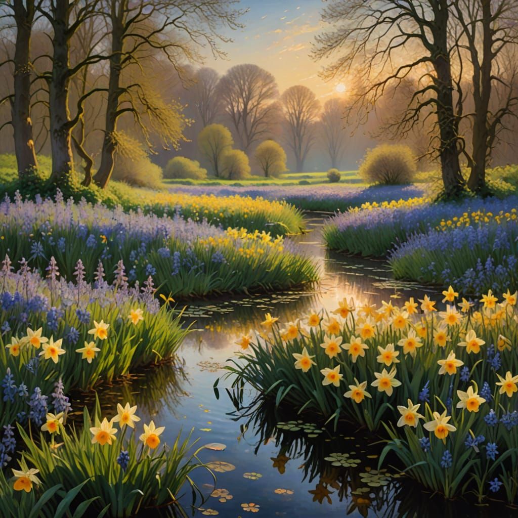 Impressionist landscape. Medium shot. Serene enchanted springtime flower meadow, overflowing with daffodils ...  by @Fungidelight
