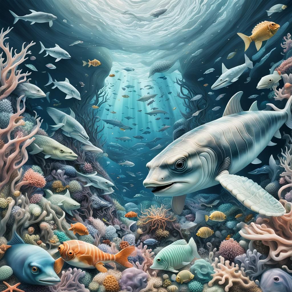 Ocean Animals Surrounded by Plastic Waste in Pastel Colors