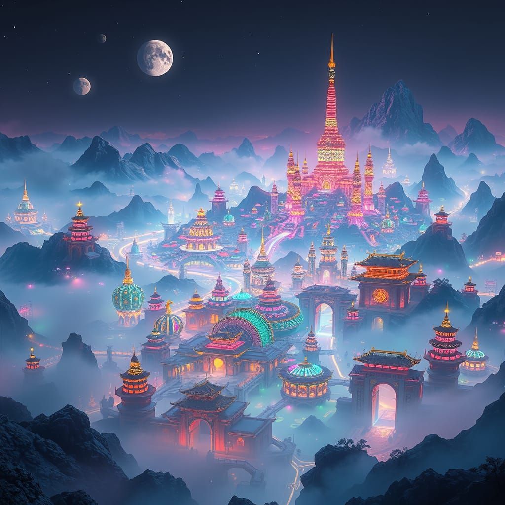 Cyberpunk Dragon Soars in Vibrant, Iridescent Skies