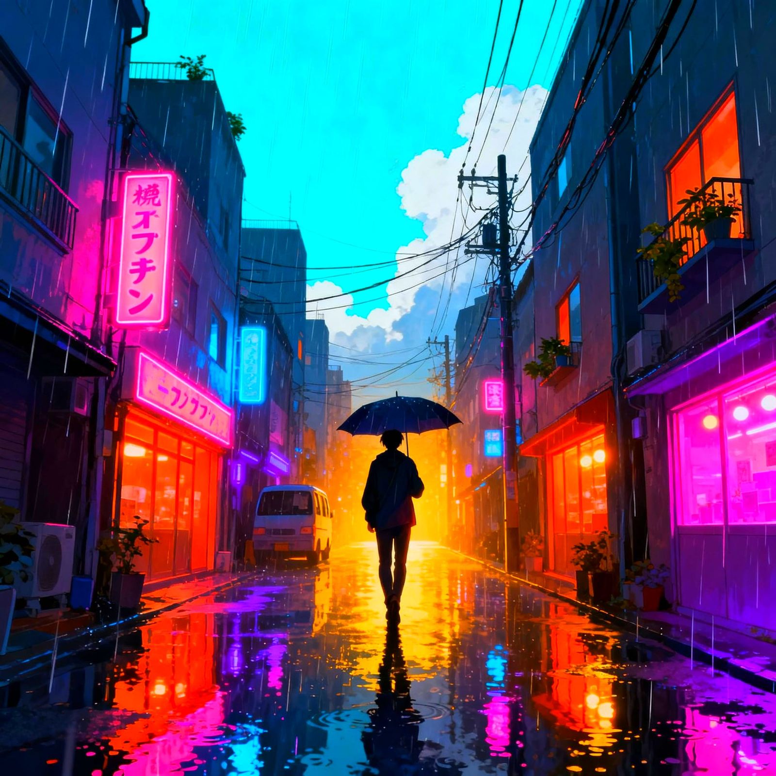 Anime Style Solitary Figure in Colorful Rainy City