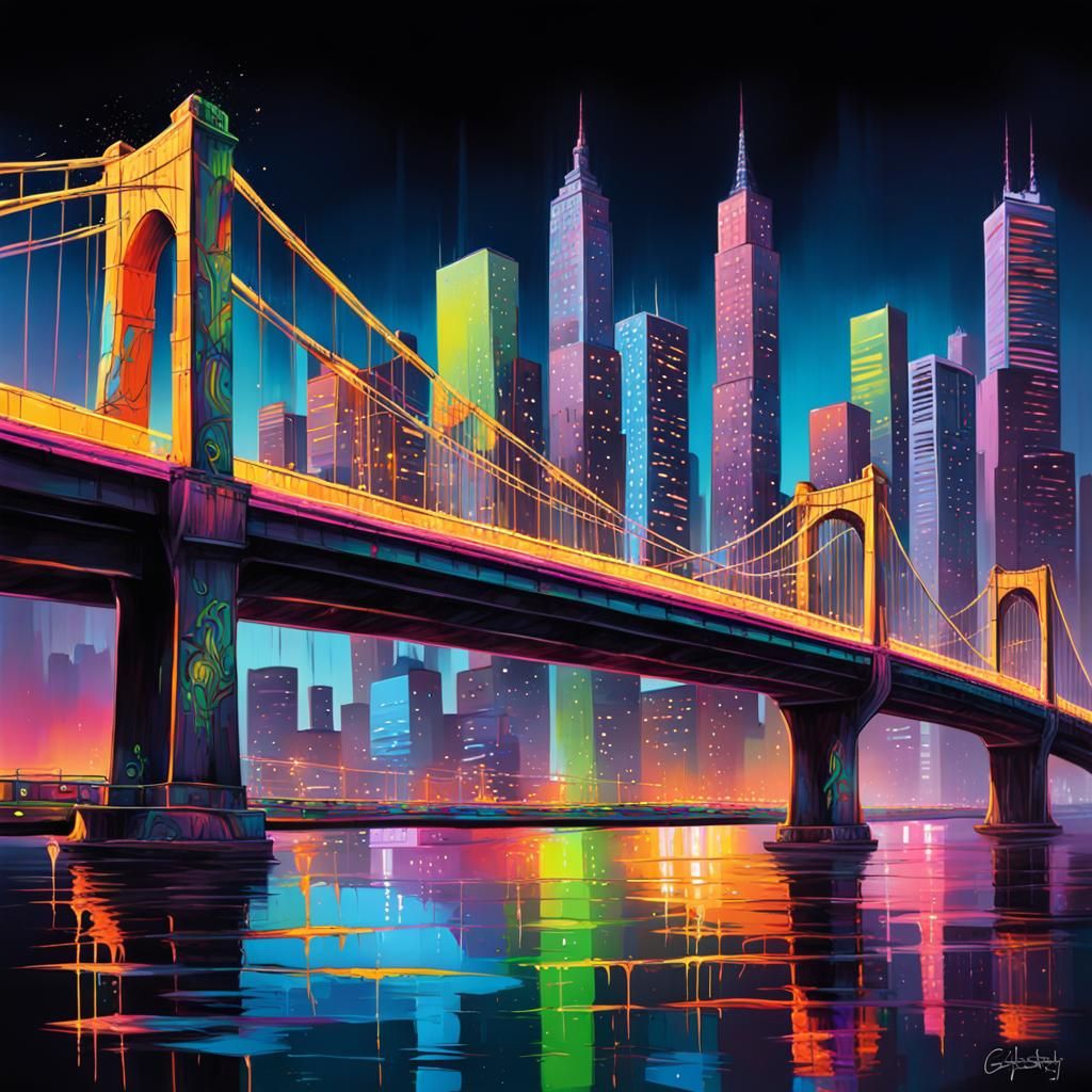 Bridge, skyline, night, neon street lights, tail lights