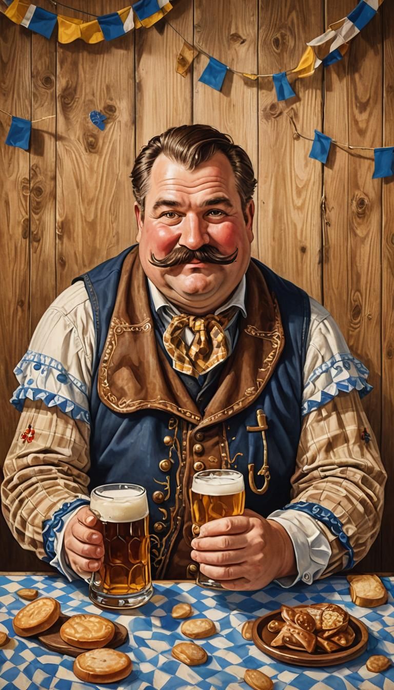 A friendly chubby man with a mustache with a mug full of bee...