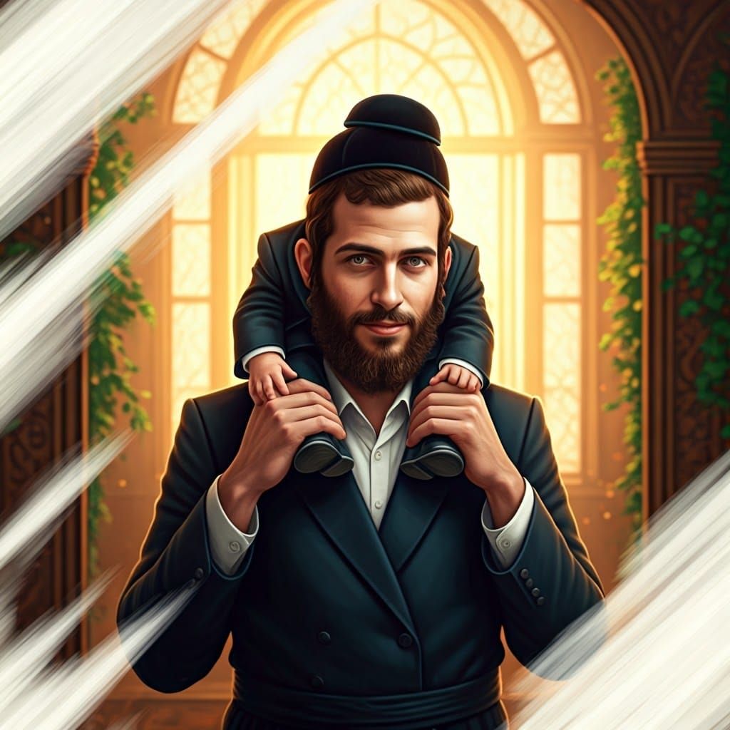 Joyful Hasidic Father and Child in Miron