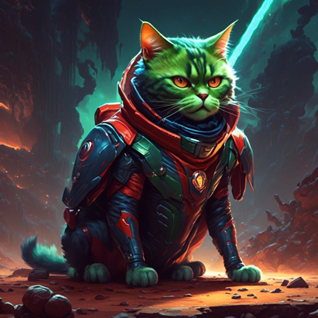 <lora:firey:1.0> a cat dressed as martian man hunter, concep...