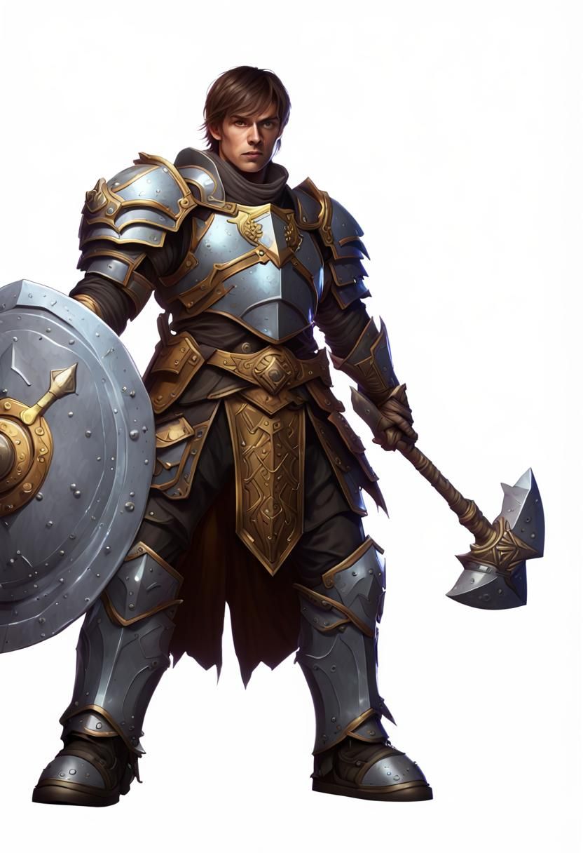 epic D&D cleric, brown hair, tanned skin, shiny scale armor, holding a ...