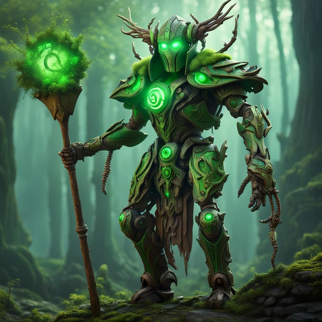 male robot druid, green magic, wooden staff - AI Generated Artwork ...