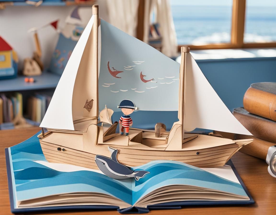 on the wooden table in the children's room there is an open pop-up book ...