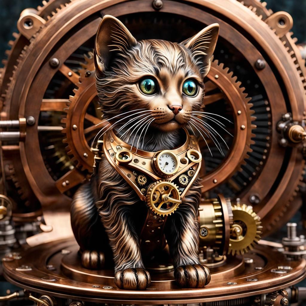 Steampunk Mechanical Kitten Swimming in Winter