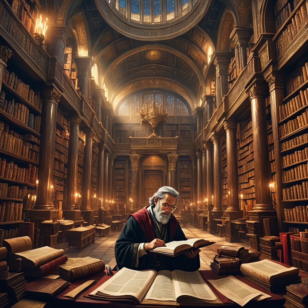 Studious Youth Discovers Ancient Wisdom in Fantasy Library