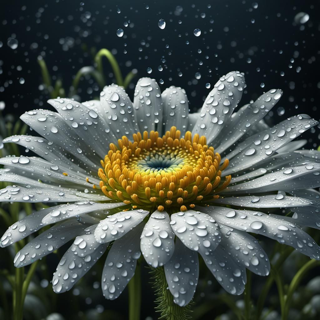 one large chamomile flower and water drops  by @Anna_122