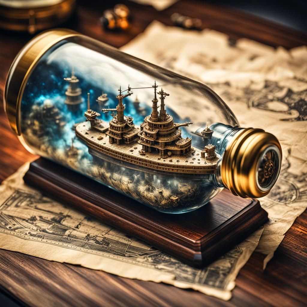 intricate image of (space battle ships) in a bottle, the bot...