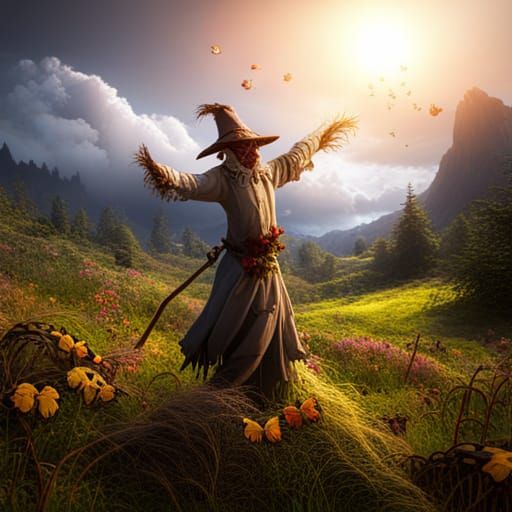 scary scarecrow playing in a meadow with butterflies 