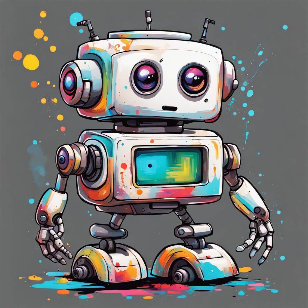 A cute, white and futuristic robot. It has two big eyes, a b...