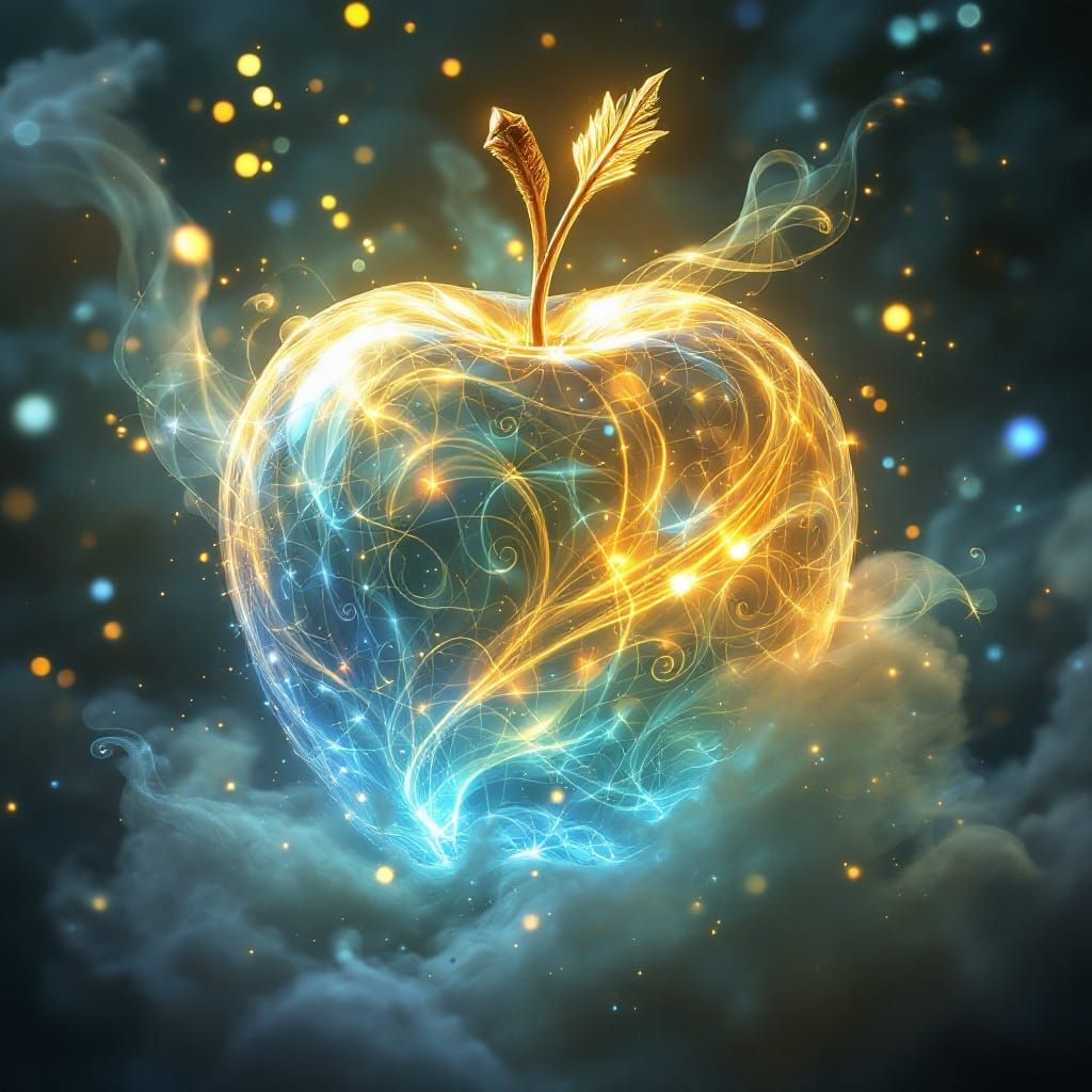 une pomme fruit faite de lumière gazeuses transpercé d'une flèche magique elfique  by @Tout-en-un Creation 