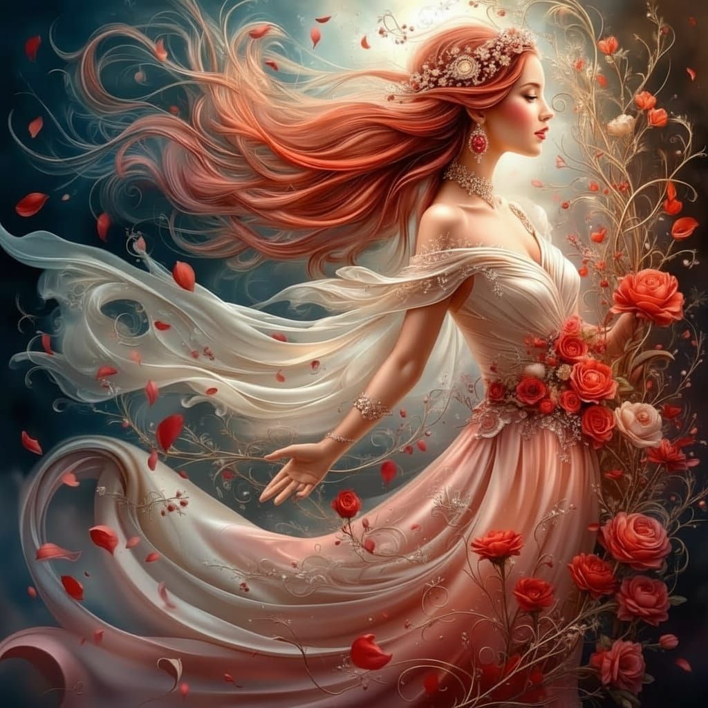 Dreamy Moonlit Woman with Radiant Red Hair