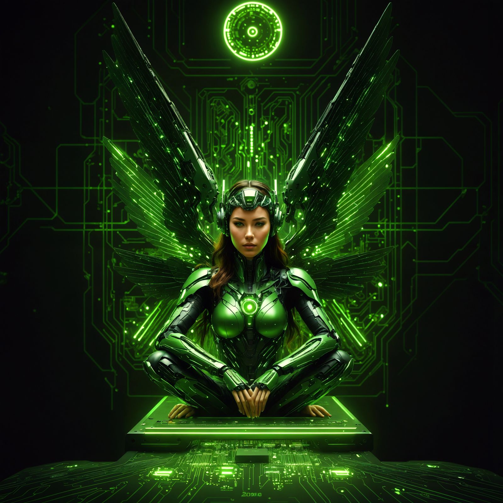 Winged cyborg woman, mechanical wings, green electronic circ...