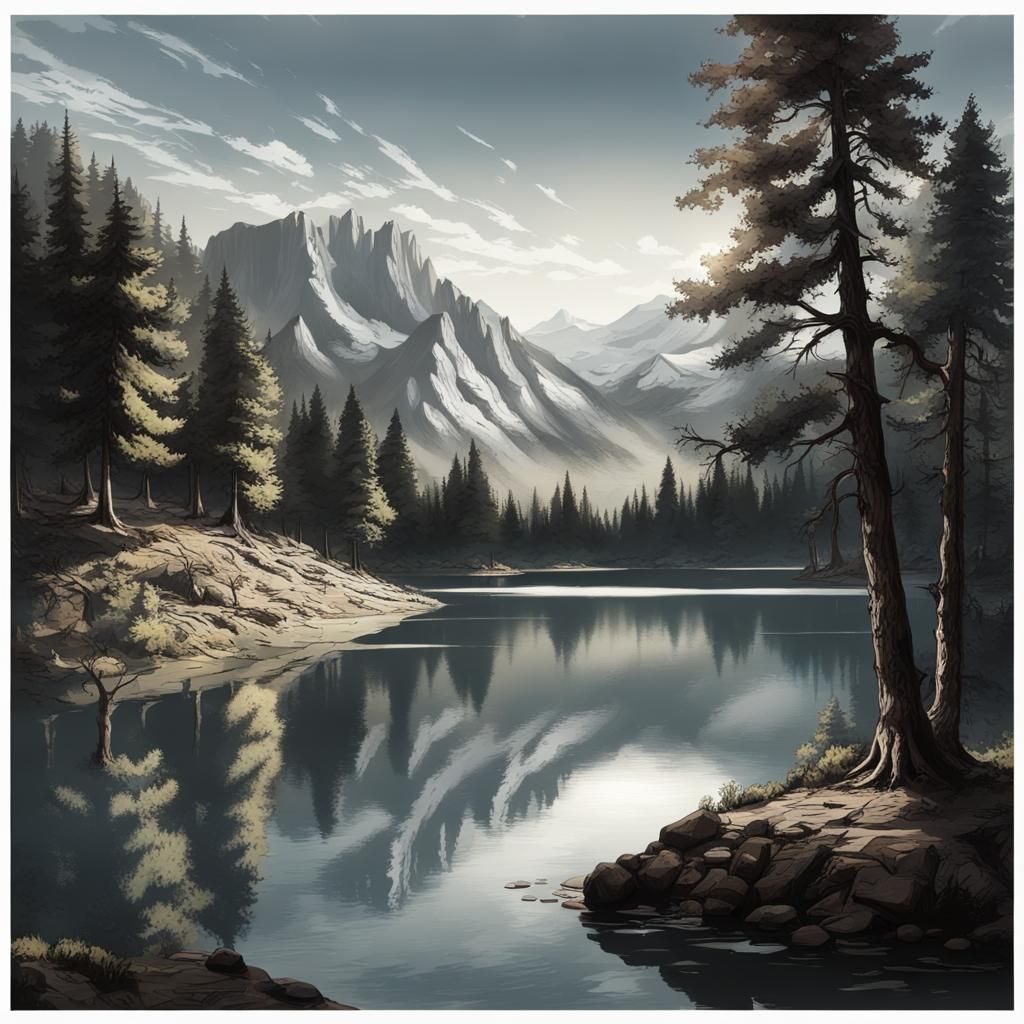 A mountain lake ringed with trees, highly detailed, dynamic ...