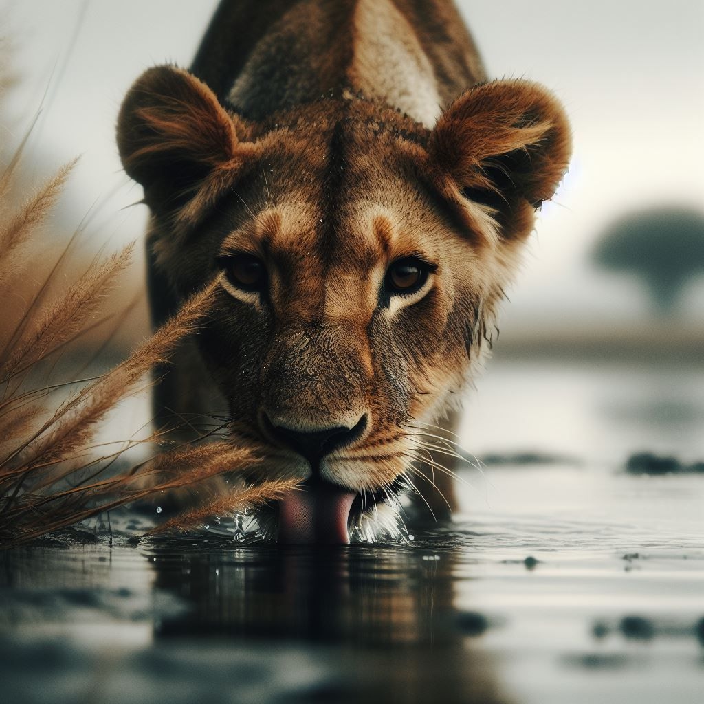 A lioness is drinking water from a river