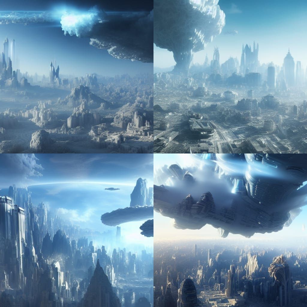 landscape of a flying crystal futuristic city full of smoke,...
