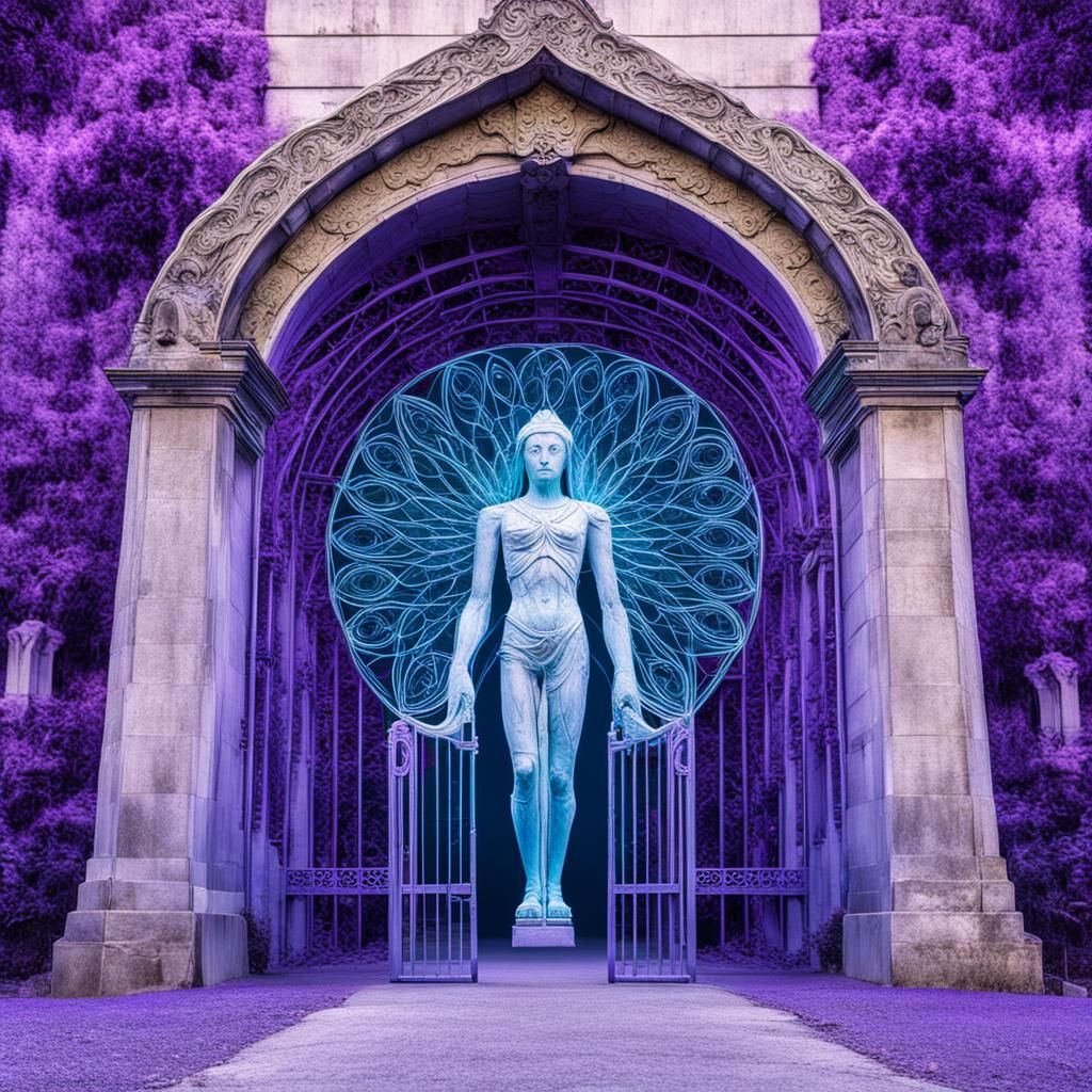 symmetrical Ethereal gate with guardian figure in front, ult...
