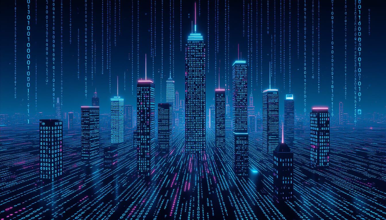A sprawling cityscape constructed entirely from glowing binary code and intricate data streams. Towers are formed from scrolling lines of 0s...