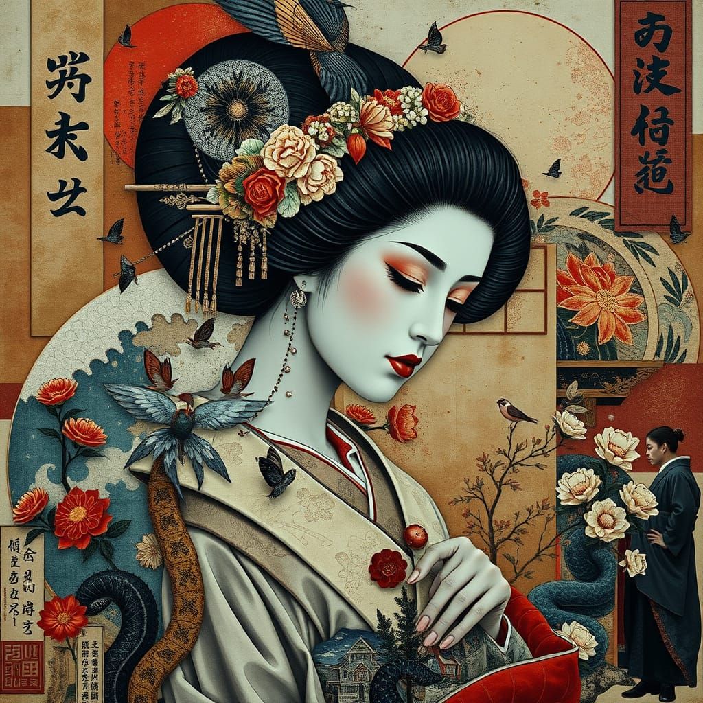 Abstract collage of Japanese symbolism and a geisha, done in triadic colors in a ukiyo-e style. intricate ...  by @Pura Vida Mother Trucker