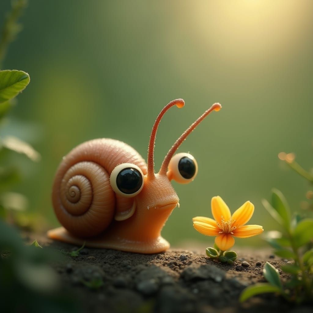 Curious Snail with Expressive Eyes in Dreamy Setting