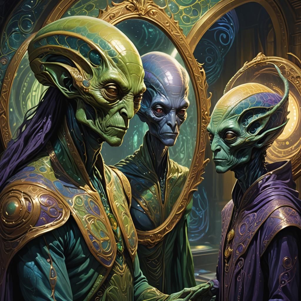 Create an older alien looking at himself in the mirror, wher...