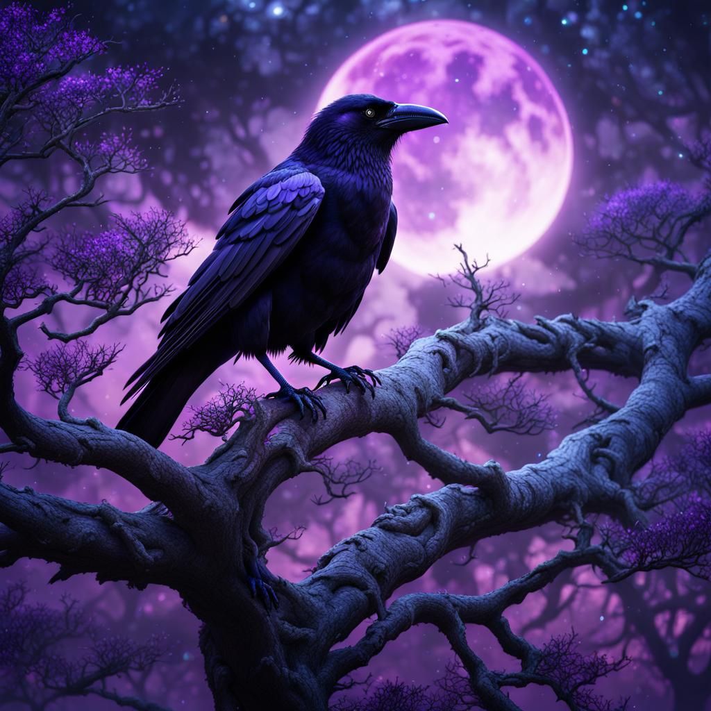 view of a crow on top of a tree, epic fantasy style, purple ...