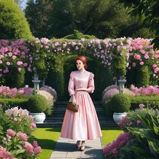 A woman in a pink silk dress in a garden