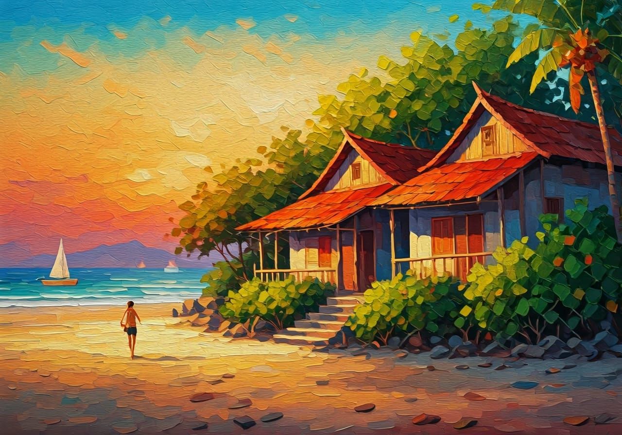 Coastal Village Sunset in Impressionist Style