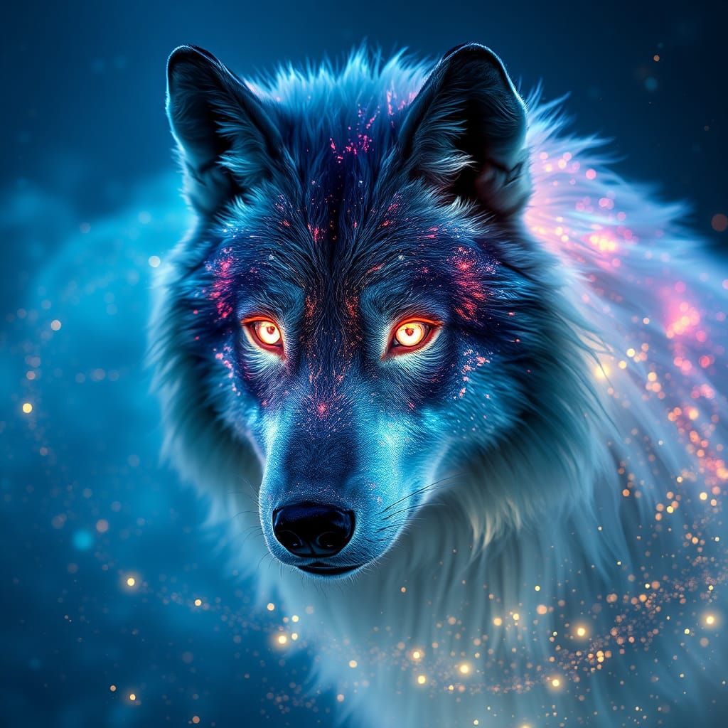 A hyper-realistic digital artwork of a fierce wolf, bioluminescent, artistic, sparkling dynamic colors, glitter, luminous opalescent, insane...