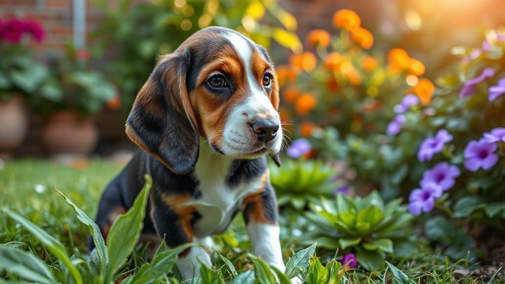 a basset hound puppy in the garden  by @Wroof