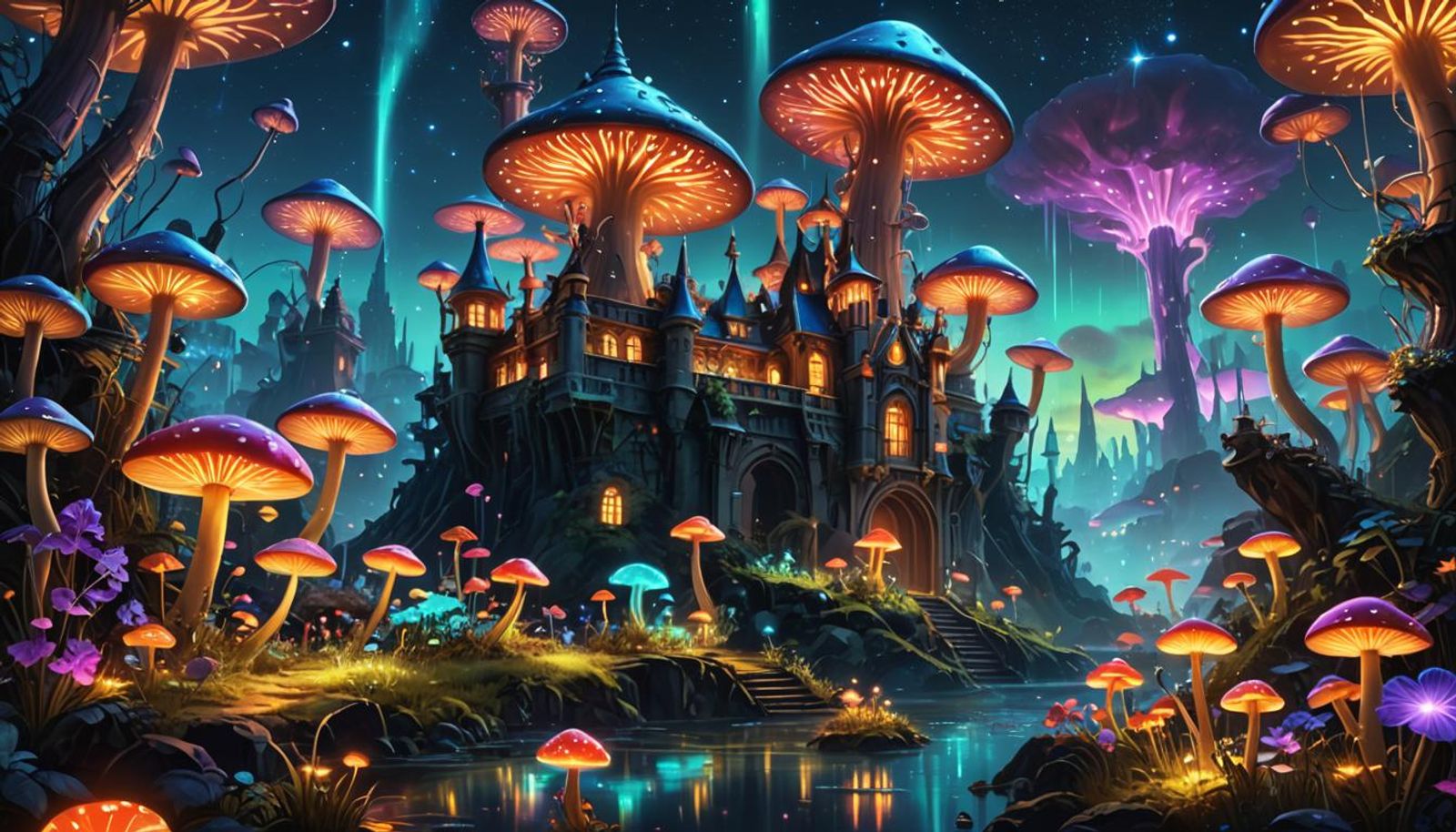 Stunning Magical Fantasy Kingdom. Glowing Bioluminescent Mushrooms Of 