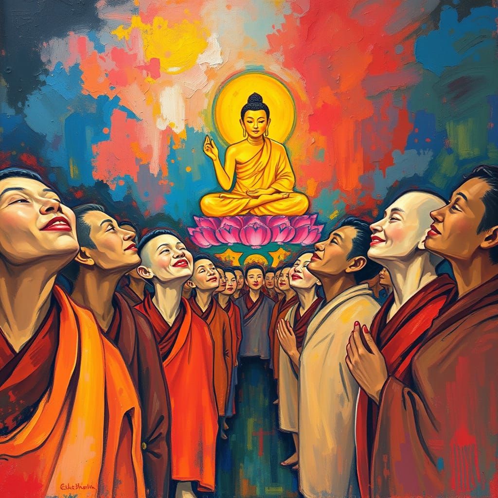 Joyful Buddhists Gazing at Tathagata in Expressionist Style