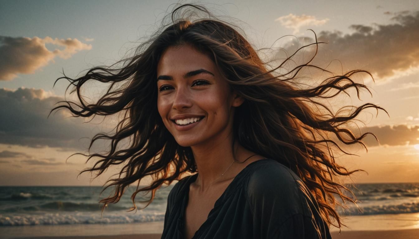 A young woman with a carefree smile, her hair flowing in the...