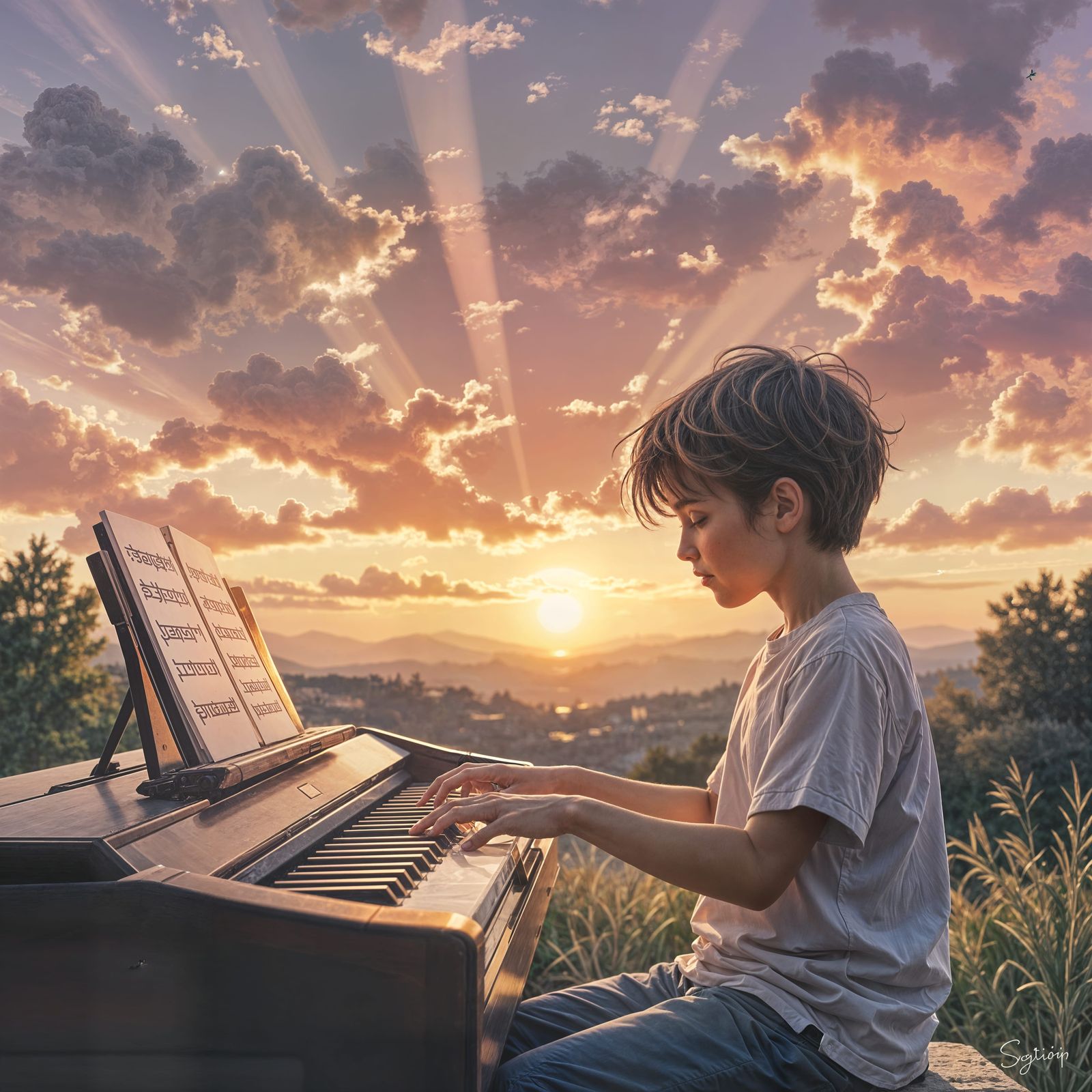 Child Plays Keyboard During Sunset