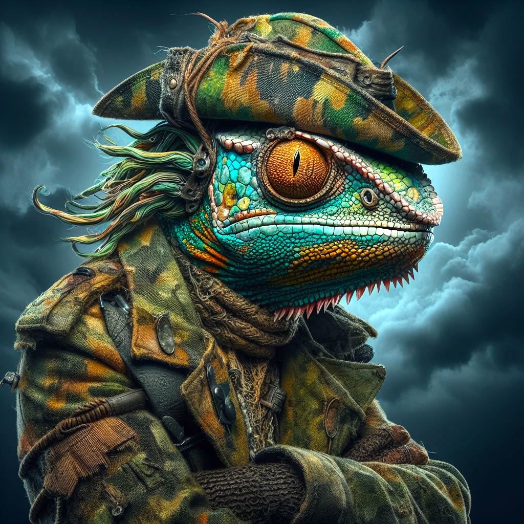 A chameleon dressed in camouflage 🤷‍♂️🦎