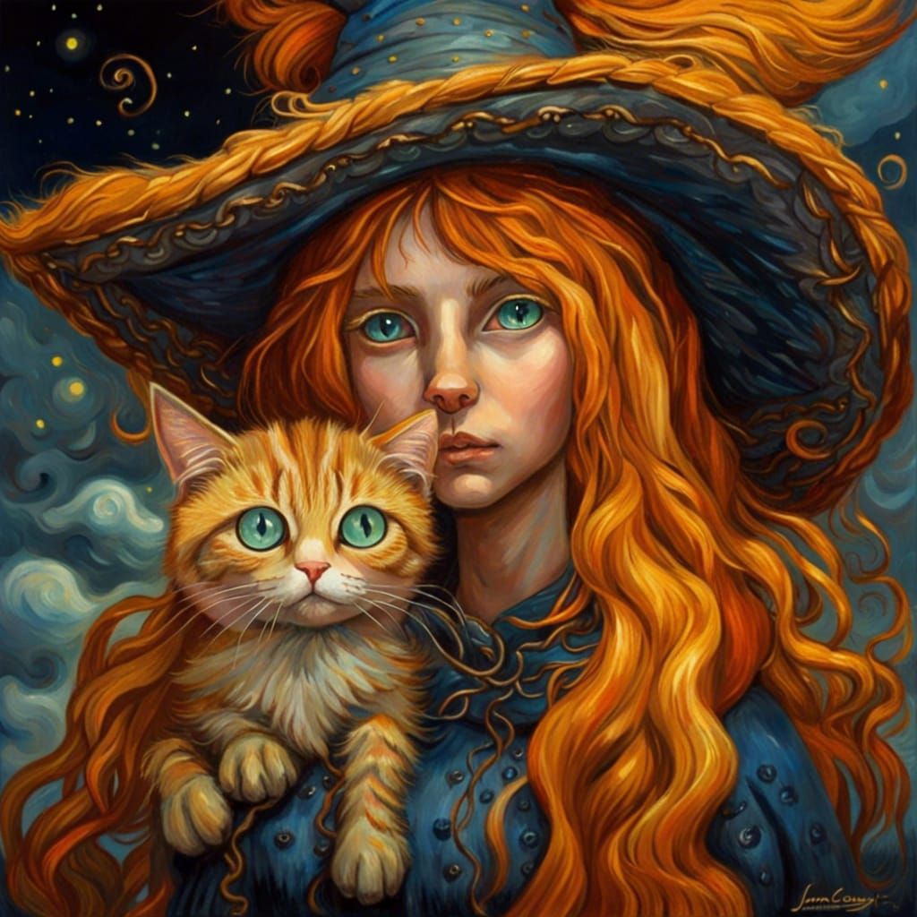 Cat Witch Girl in Van Gogh Style