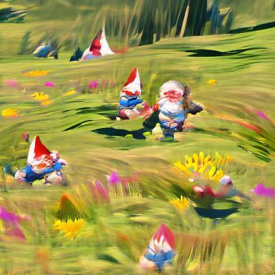 Gnomes frolicking in a sunny meadow