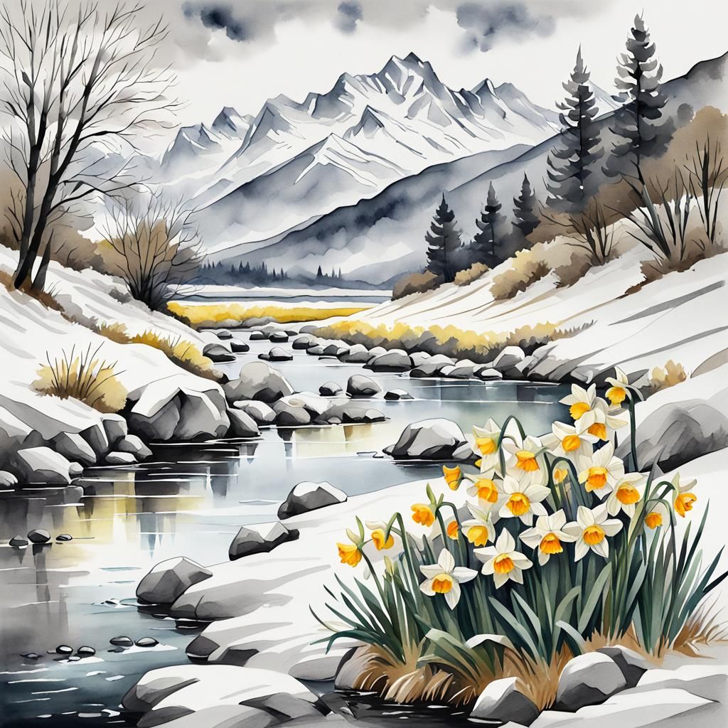 (a large bush of daffodils from under the snow on the bank o...