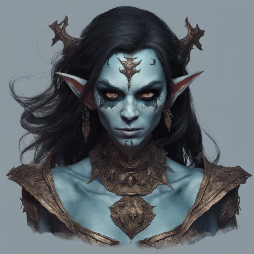 DND female goblin with Pale Blue Skin, long black hair, Black Eyes ...