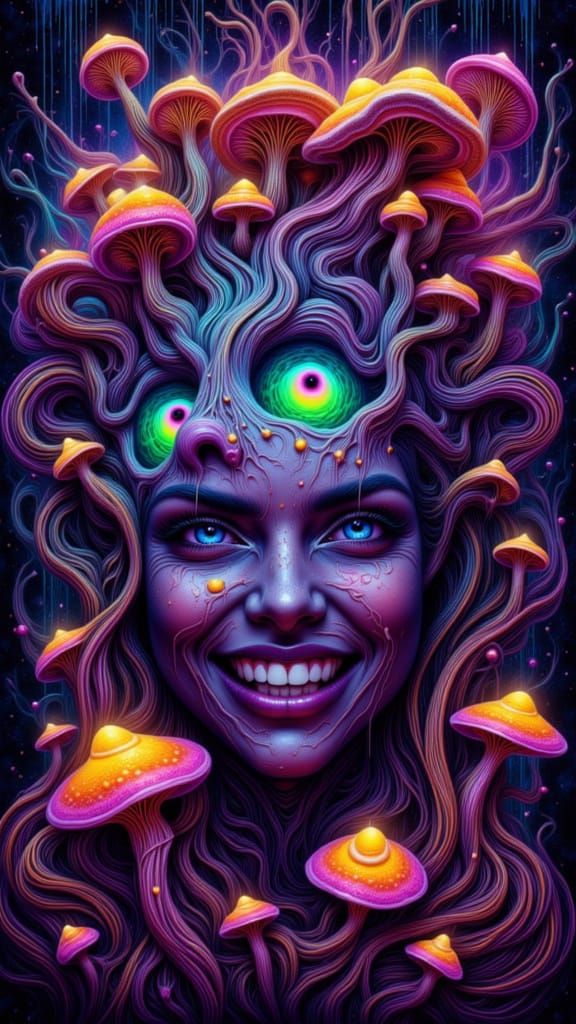 Psychedelic Portrait of Woman Eating Glowing Mushrooms