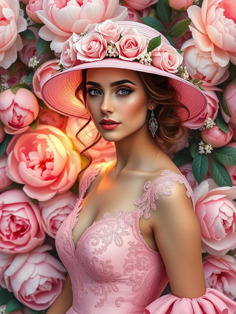 A beautiful woman wearing a pink dress and a pink hat adorned with pink flowers, soft lighting, floral background, elegant pose, portrait st...