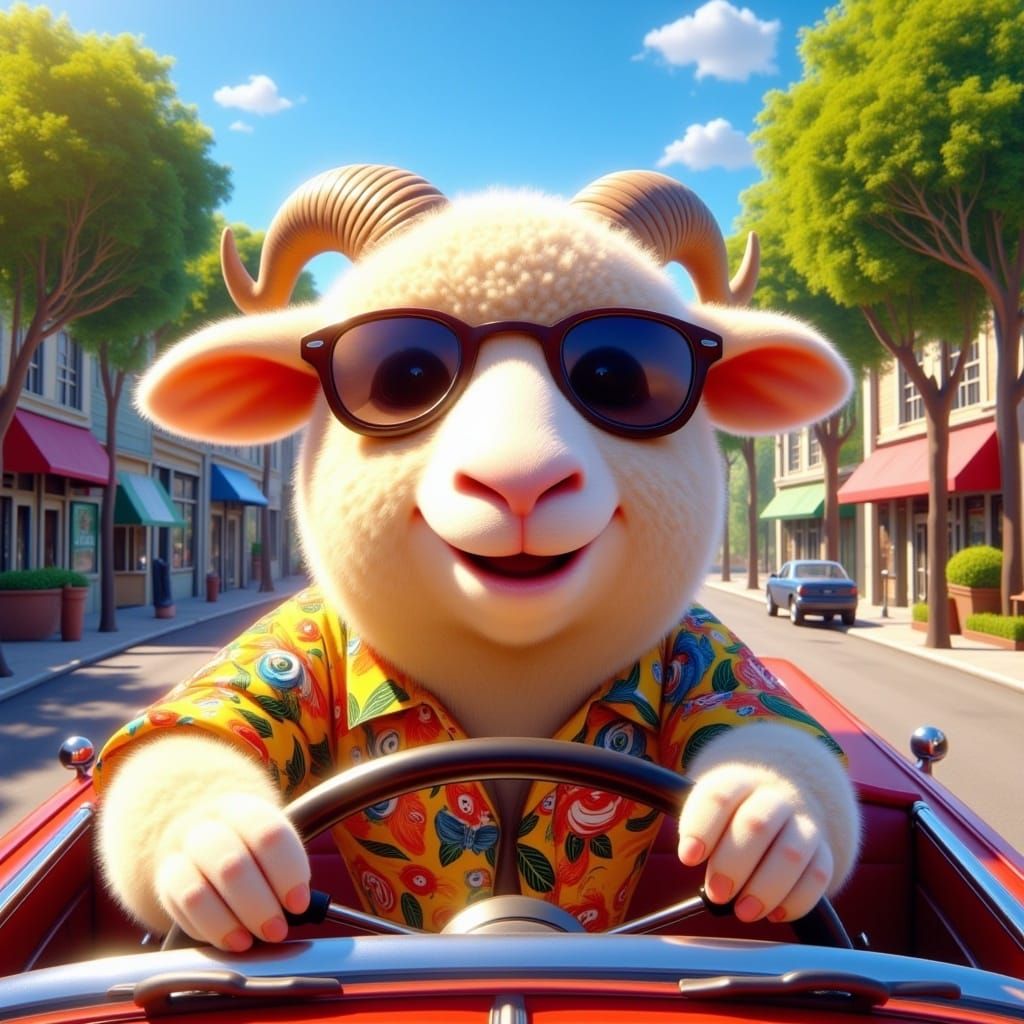 <lora:Kyootness:1.0> Closeup Oil painting of a happy sheep driving a car down the street
