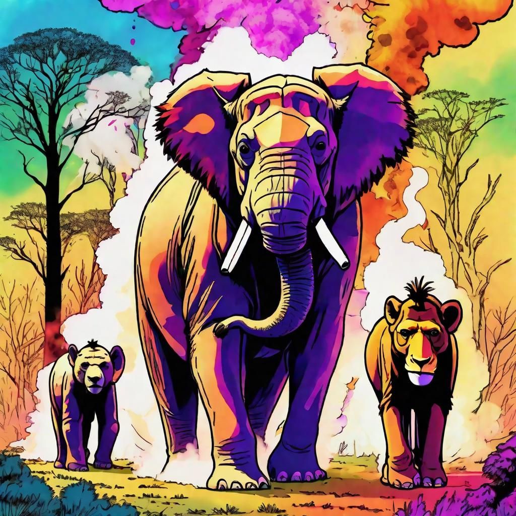 Cartoon Animals in the Wild: Colorful Smoke Ink Art