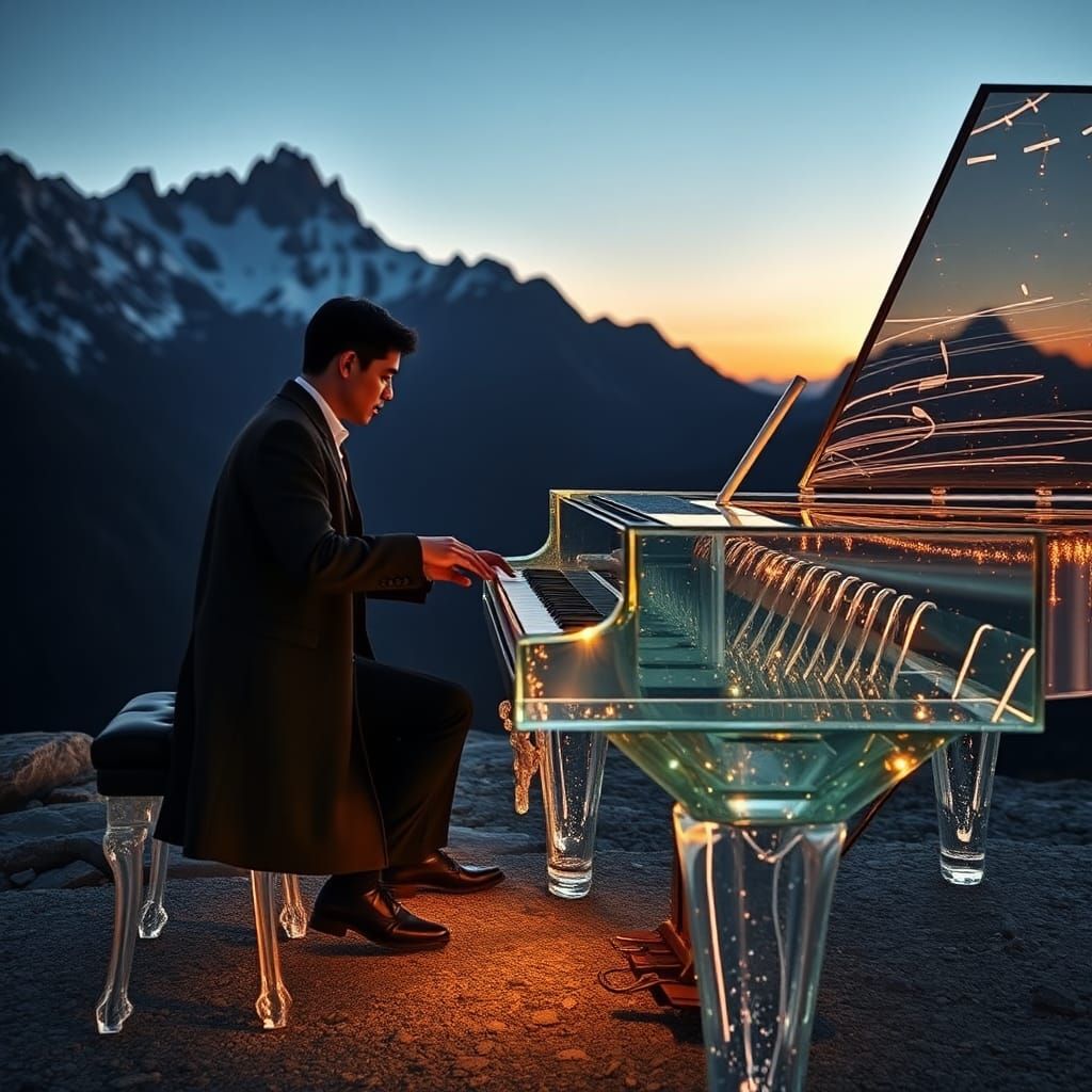 Pianist in a mountain with a transparent piano