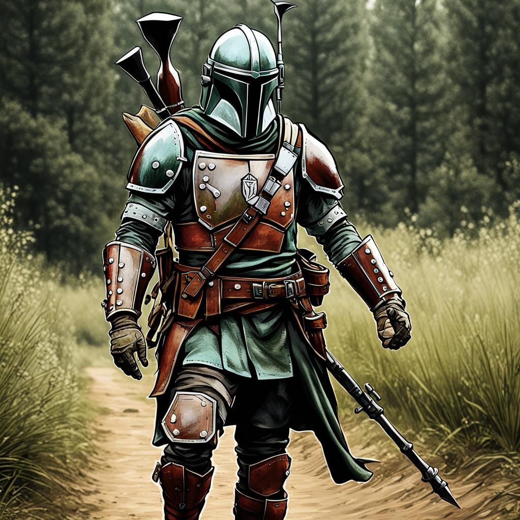 medieval mandalorian in leather armor as 5e ranger. leather helmet ...