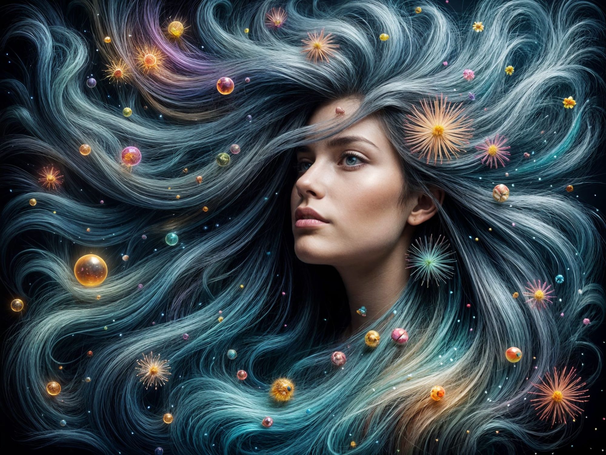 A woman whose hair is a river of colors and small creatures
<lora:Dreamy Enchantment:1.0>