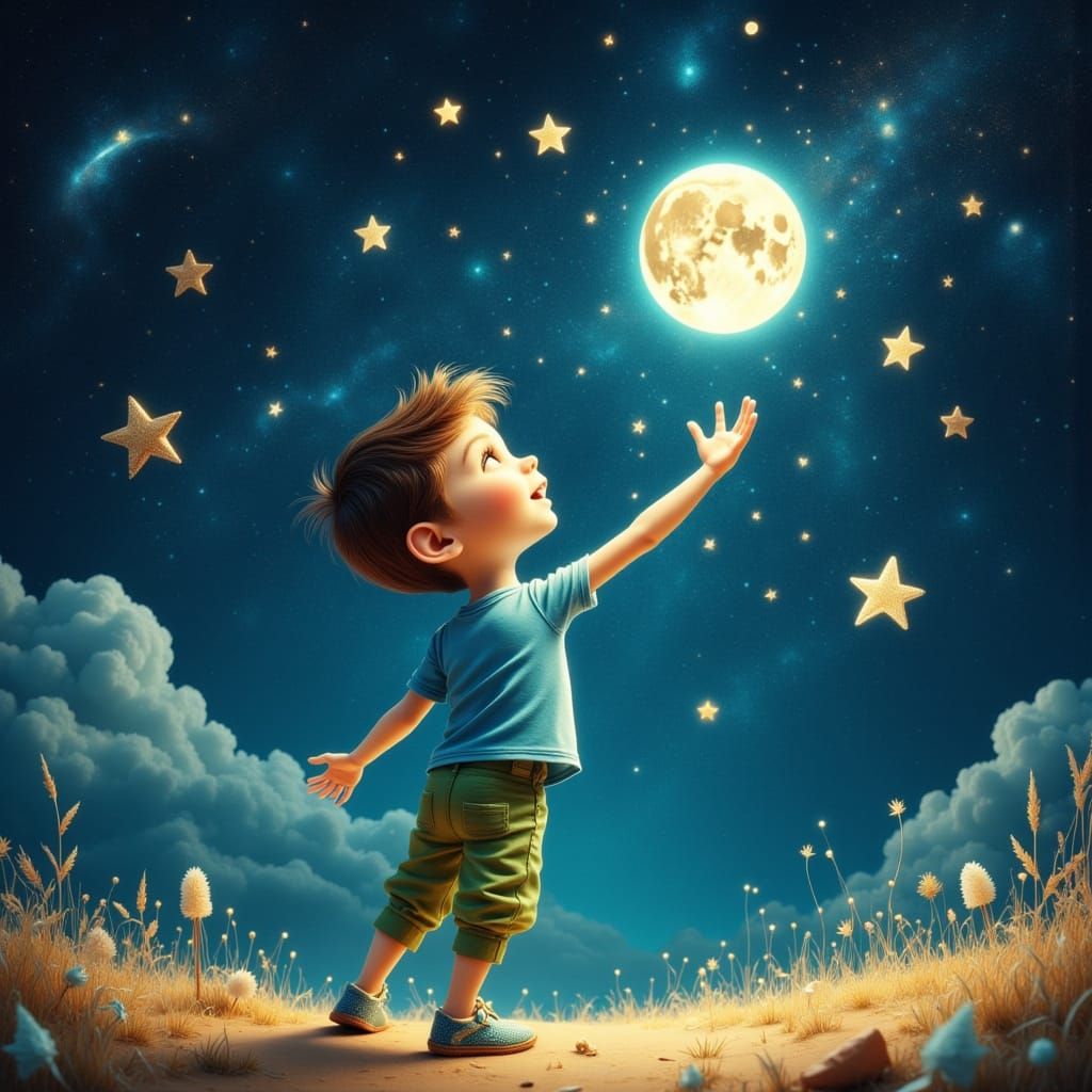 Boy Reaching for Moon in Whimsical Cartoon Style